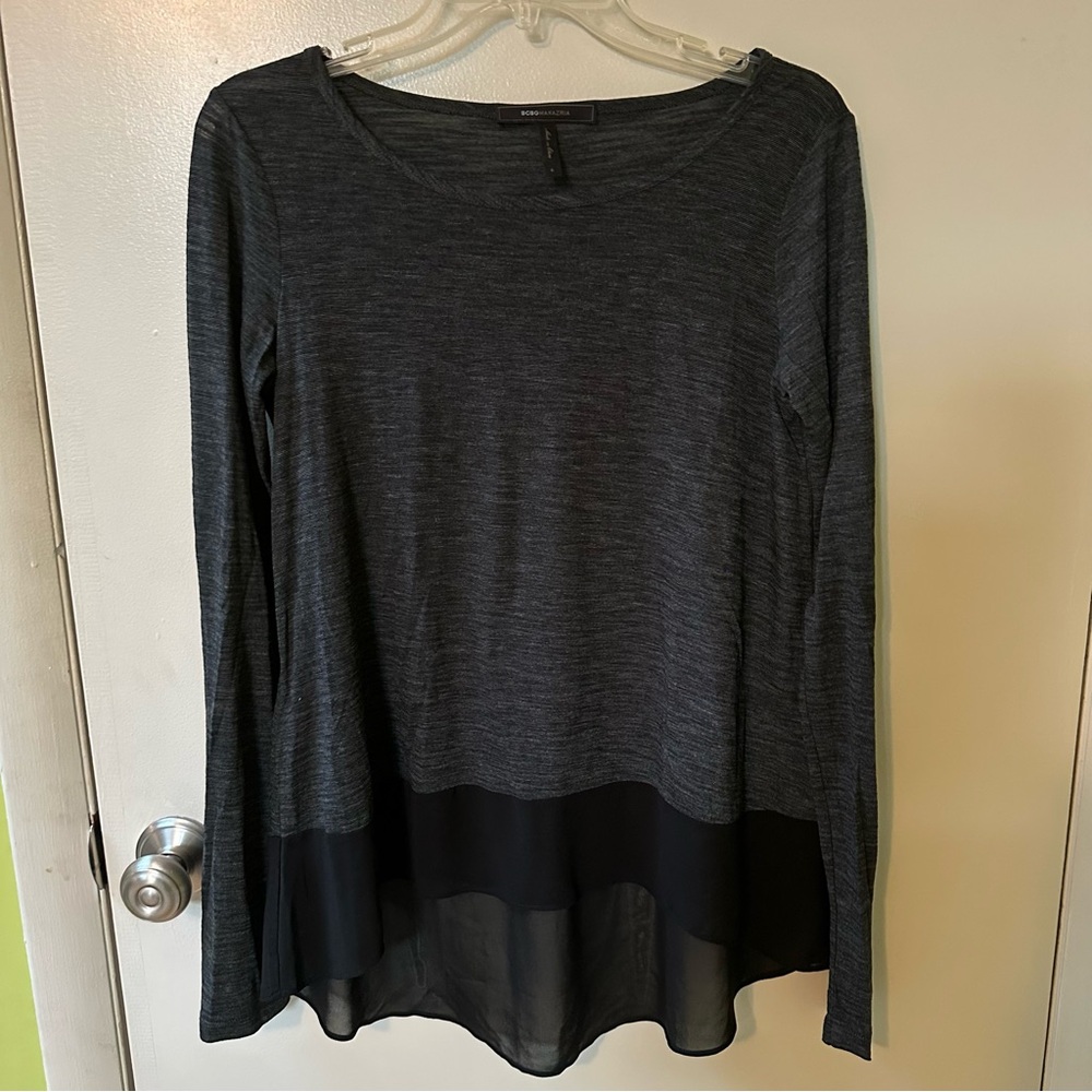 BCBG Max Azria Lace Panel Black Long Sleeve Shirt S Knit Top  Women Blouse